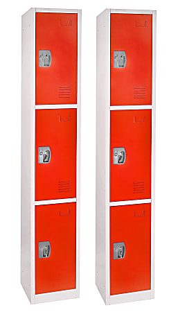 Alpine Large 3-Tier Steel Lockers, 72”H x 12”W x 12”D, Red, Pack Of 2 Lockers