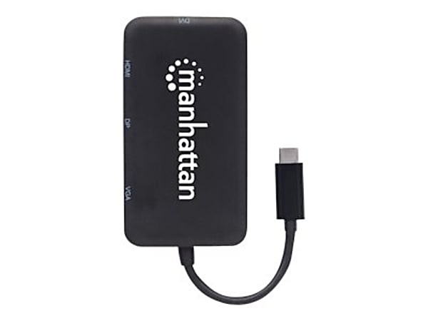 Manhattan USB-C Hub/Dock/Converter, USB-C to HDMI, DisplayPort, VGA or DVI Ports; HDMI: 3840x2160 at 30Hz (4K), DisplayPort: 4K@60Hz UHD, VGA or DVI: 1920x1080 at 60Hz; Male to Females, Cable 8cm, Black