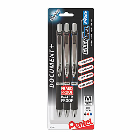 Pentel® EnerGel™ PRO Permanent Gel Pens, Medium Point, 0.7 mm, Black/Blue/Red, Pack Of 3