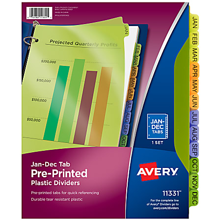 Avery® Preprinted Tab Plastic Dividers, 8 1/2" x 11", Jan-Dec Tabs, Multicolor, Set Of 12