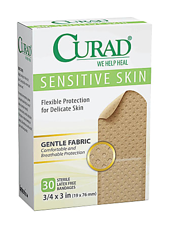 Curad Sensitive Skin Fabric Bandages, 3/4" x 3", 30 ct, 24 Boxes per Case