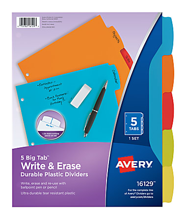 Avery® Big Tab™ Write & Erase Durable Plastic Dividers, 8 1/2" x 11", Multicolor Brights, 5-Tab