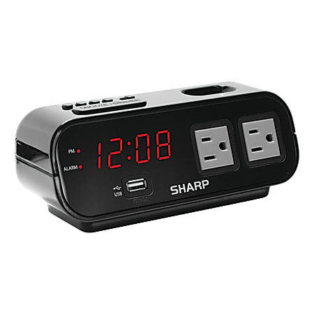 Sharp Digital Alarm Clock With USB Port And Outlets, 2 15/16"H x 7 1/2"W x 3"D, Black