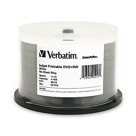 Verbatim® DataLifePlus® DVD+RW Printable Disc Spindle, White, Pack Of 50