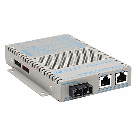 Omnitron OmniConverter SL 10/100 PoE Ethernet Fiber Media Converter Switch RJ45 SC Multimode 5km Wide Temp - 2 x 10/100BASE-TX; 1 x 100BASE-FX; US DC Powered; Lifetime Warranty