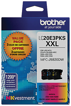 Brother LC20E Cyan; Magenta; Yellow Super-High-Yield Ink Cartridges, Pack Of 3, LC20E3PKS