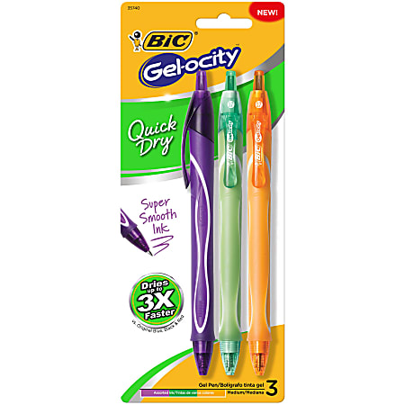 BIC® Gel-ocity Quick-Dry Retractable Gel Pens, Medium Point, 0.7 mm, Purple/Green/Orange Barrels, Purple/Green/Orange Fashion Inks, Pack Of 3