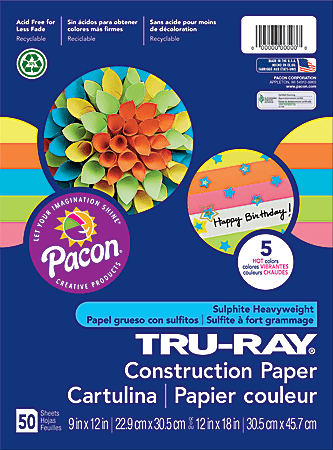 Tru-Ray® Construction Paper, 9" x 12", 50% Recycled, Assorted Hot Colors, Pack Of 50