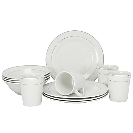 Gibson Home Tuxedo Deluxe 12-Piece Dinnerware Set, White/Gold