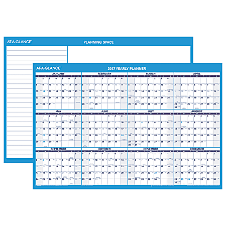 AT-A-GLANCE® Yearly Horizontal Erasable/Reversible Wall Planner, 36" x 24", 30% Recycled, January–December 2017
