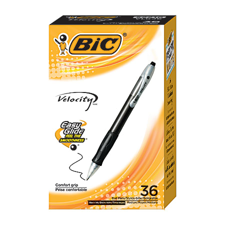 BIC Velocity Retractable Ballpoint Pens, Medium Point, 1.0 mm, Black Barrels, Black Ink, Pack Of 36