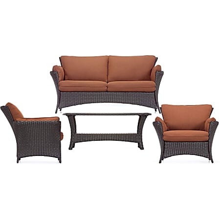 Hanover Strathmere Allure 4 Piece Seating Set Woodland Rust 40 x 23.8 x 20 Coffee Table 34.5 x 36.3 x 32.3 Chair 34.5 x 67.5 x 32.3