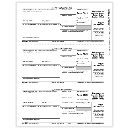 ComplyRight™ 3921 Tax Forms, 3-Up, Copy C, Laser, 8-1/2" x 11", Pack Of 150 Forms