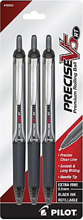 Pilot® Precise™ V5 Liquid Ink Retractable Rollerball Pens, Extra-Fine Point, 0.5mm, Black Barrel, Black Ink, Pack Of 3