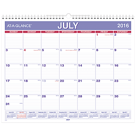 AT-A-GLANCE® Academic Monthly Wall Calendar, 15" x 12", 30% Recycled, July 2016 To June 2017
