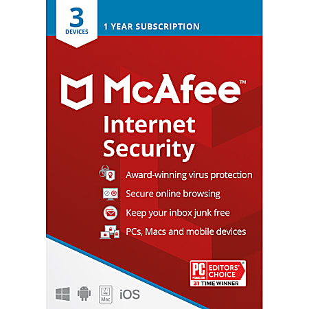 McAfee Internet Security, For 3 Devices, Antivirus Software, 1-Year  Subscription, Download