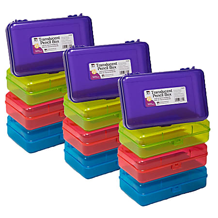 Charles Leonard Translucent Pencil Boxes, 5-1/4" x 2-1/2" x 8-1/4", Assorted Colors, Pack Of 12 Boxes