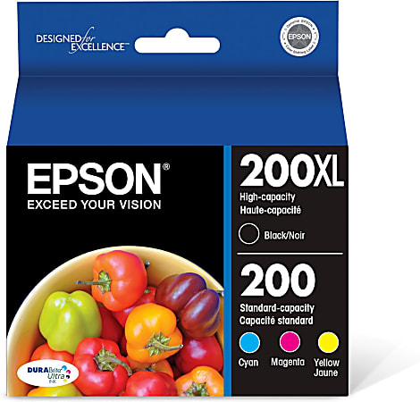 Epson® 200XL Black/200 DuraBrite® Cyan; Magenta; Yellow High-Yield/Standard Yield Ink Cartridges, Pack Of 4, T200XL-BCS