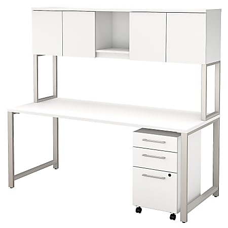 Bush Business Furniture 400 Series Table Desk With Hutch And 3 Drawer Mobile File Cabinet, 72"W x 30"D, White, Premium Installation