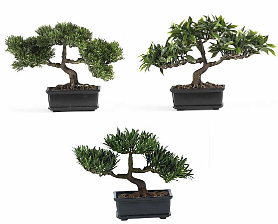 Nearly Natural 8 1/2" Silk Bonsai Plant With Pot, 8 1/2"H x 12"W x 5"D, Set Of 3