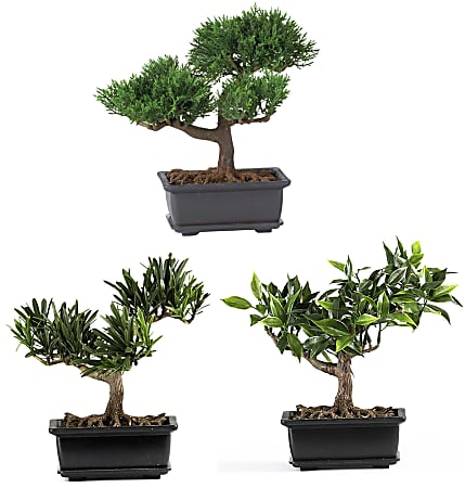 Nearly Natural 8 1/2" Silk Bonsai Plant With Pot, 8 1/2"H x 8 1/2"W x 5"D, Set of 3