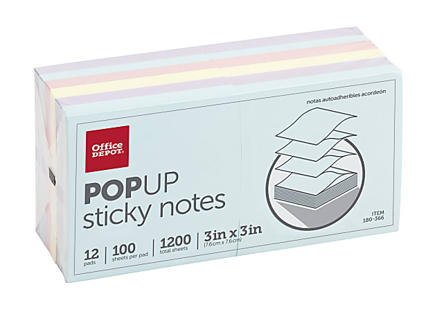 Office Depot® Brand Pop Up Sticky Notes, 3" x 3", Assorted Pastel Colors, 100 Sheets Per Pad, Pack Of 12 Pads
