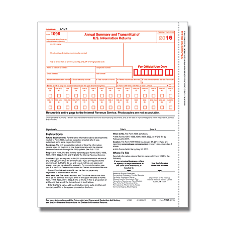 ComplyRight 1096 Transmittal Inkjet/Laser Tax Forms For 2016, 8 1/2" x 11", Pack Of 50 Forms