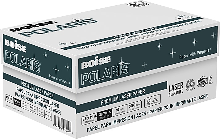 Boise POLARIS® Premium Laser Paper, White, Letter Size (8 1/2" x 11"), 500 Sheets Per Ream, Case Of 6 Reams, FSC® Certified, 28 Lb, 98 Brigtness