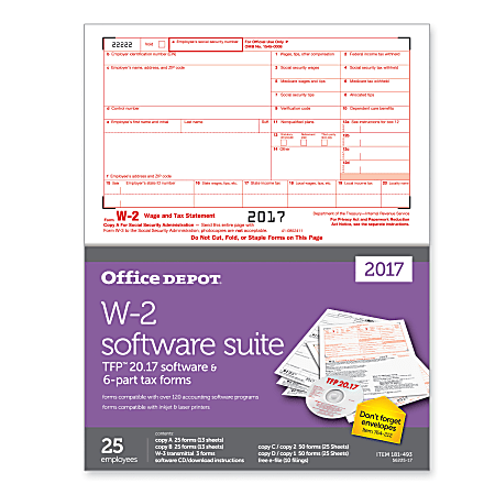 Office Depot® Brand W-2 Laser/Inkjet Tax Forms With Software For 2017 Tax Year, 2-Up, 6-Part, 8 1/2" x 11", Pack Of 25