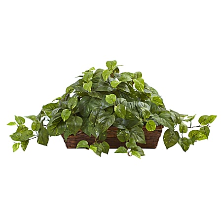 Nearly Natural Pothos 15”H Artificial Plant With Ledge Basket, 15”H x 34”W x 18”D, Green