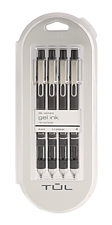 TUL® Element Limited-Edition Retractable Gel Pens, Medium, 0.7 mm, Matte Black/Platinum Barrels, Black Ink, Pack Of 4