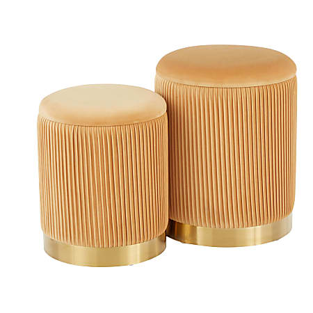 LumiSource Marla Nesting Pleated Ottomans, Gold/Orange, Set Of 2 Ottomans