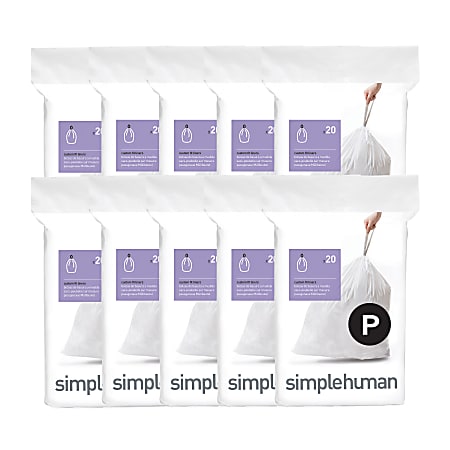 simplehuman Custom Fit Can Liners, 16 Gallon, 50% Recycled, White, Pack Of 200 Liners