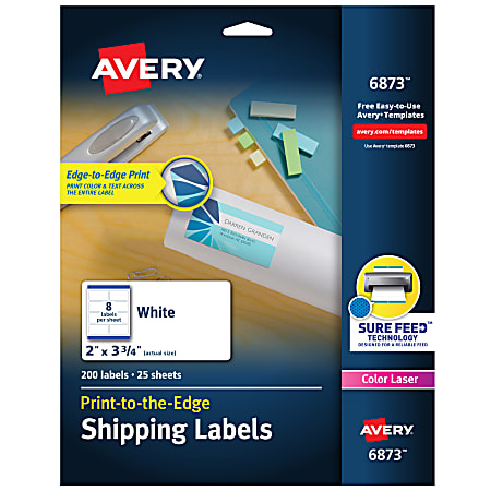 Avery® Print-To-The-Edge Permanent Laser Shipping Labels, 6873, 2" x 3 3/4", White, Pack Of 200