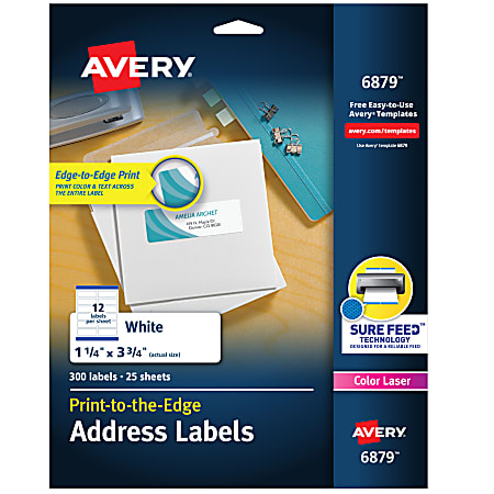 Avery® Print-To-The-Edge Permanent Laser Shipping Labels, 6879, 1 1/4" x 3 3/4", White, Pack Of 300