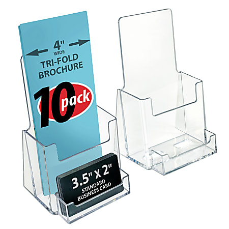 Azar Displays Plastic Trifold Brochure Holders With Business Card Pocket, 7 1/4"H x 4"W x 3 3/4"D, Clear, Pack Of 10