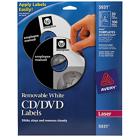 Avery® Removable Print-to-the-Edge CD/DVD Labels, 5931, Round, 4.65" Diameter, White, 50 Disc Labels And 100 Spine Labels