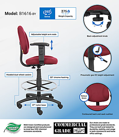 Boss Office Products Drafting Stool Adjustable Arms Burgundy B1616 BY Office Depot