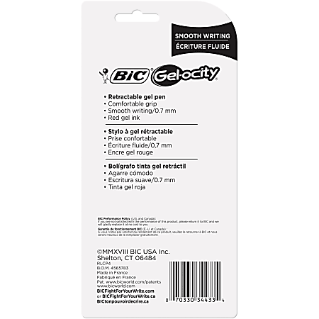 BIC® Gel-ocity® Gel Retractable Gel Ink Pens, Medium Point, 0.7 mm, Translucent Red Barrel, Red Ink, Pack Of 4 Pens