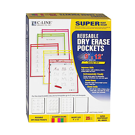 C-Line Reusable Dry Erase Pockets 9" x 12" Study Aid 25 Pack NEW 