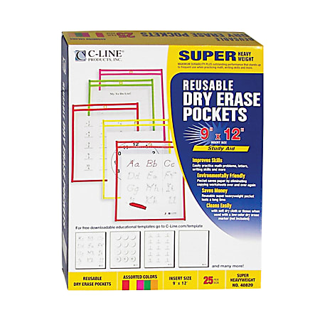 C Line Reusable Dry Erase Pockets 9 x 12 Assorted Primary Colors Pack Of 25  - Office Depot