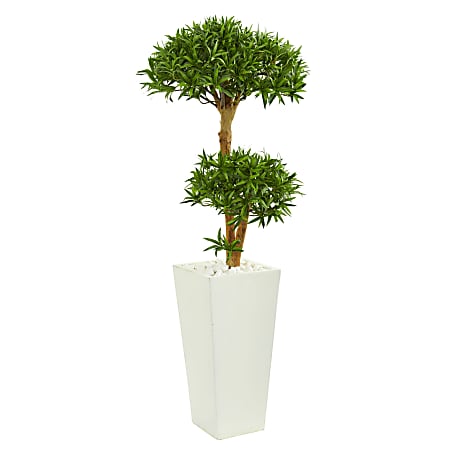 Nearly Natural Bonsai-Styled Podocarpus 50" Artificial Tree With Tower Planter, Green/White