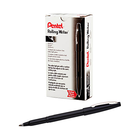 Pentel® Rolling Writer® Pens, Medium Point, 0.8 mm, Black Barrel, Black Ink, Pack Of 12 Pens