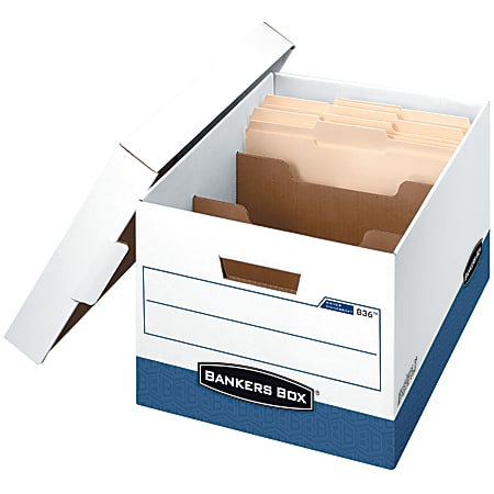 Bankers Box® R-Kive® Dividerbox™ Storage Box, Letter/Legal, 15" x 12" x 10", 60% Recycled, White/Blue