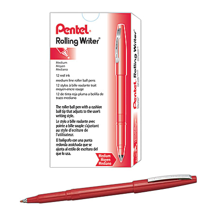 Pentel® Rolling Writer® Pens, Medium Point, 0.8 mm, Red Barrel, Red Ink, Pack Of 12 Pens