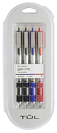 TUL® Retractable Gel Pens, Medium Point, 0.7 mm, Silver Barrel, Black/Blue/Red Inks, Pack Of 4 Pens