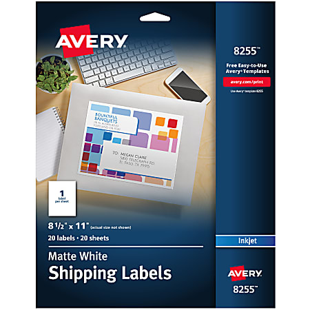 Avery® Shipping Labels, 8255, Rectangle, 8-1/2" x 11", White, Pack Of 20 Labels