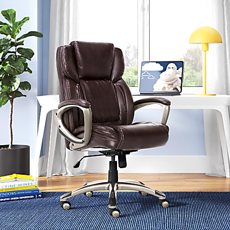Serta® Executive Office Ergonomic Bonded Leather High-Back Chair, Biscuit Brown/Silver