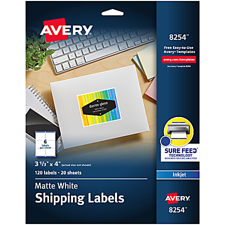 Avery® Shipping Labels With Sure Feed® Technology, 8254, Rectangle, 3-1/3" x 4", White, Pack Of 120 Labels