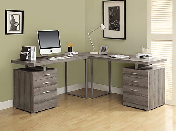 Monarch Specialties L-Shaped Computer Desk With File Drawers, Dark Taupe